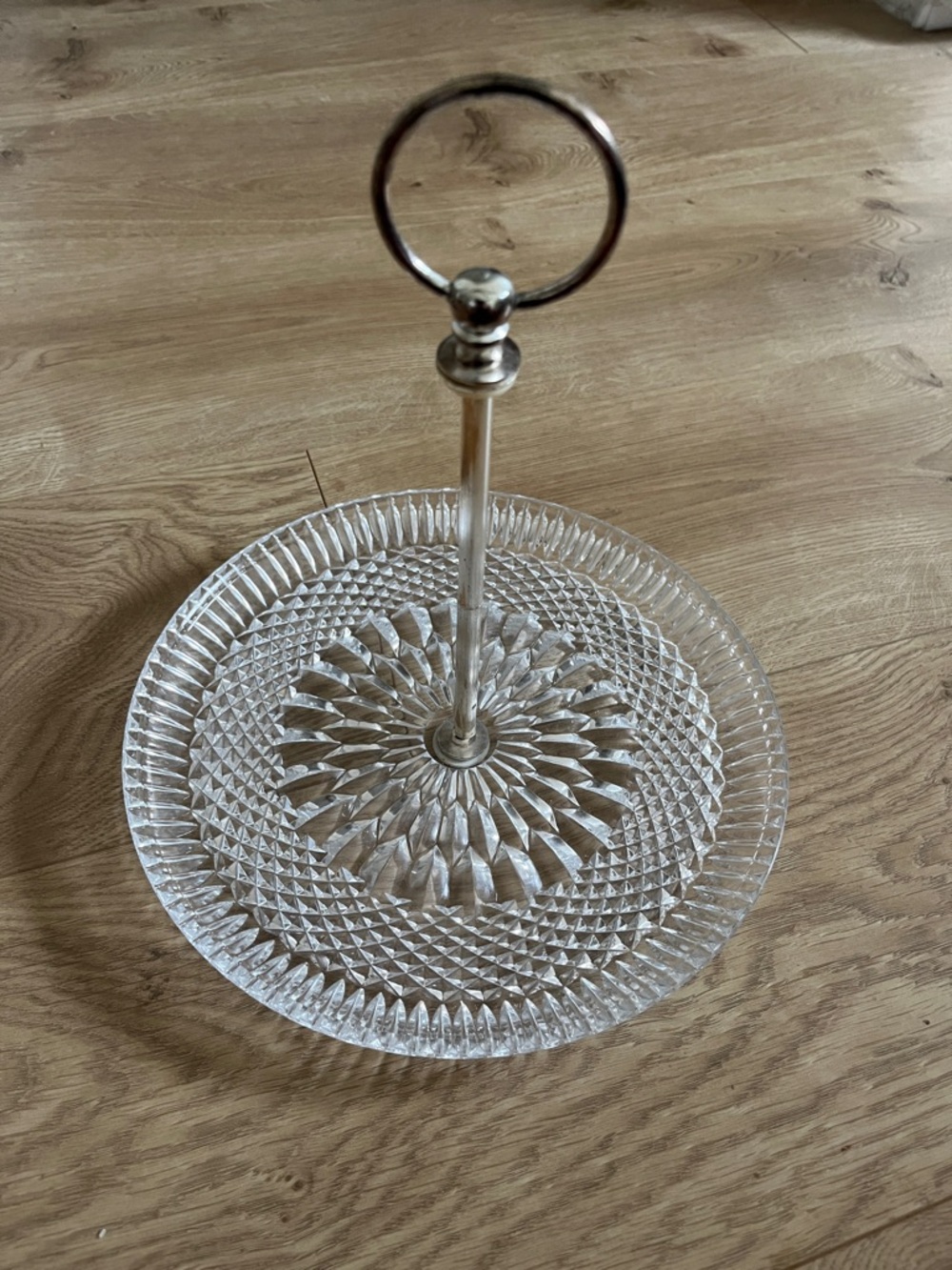 Crystal Cut Glass Cookies 
Appetizer Tray With  Stem Silver Handle Antique